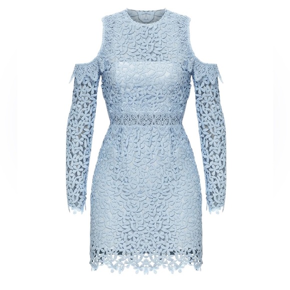 AMUR Evelyn Blue Lace Open Shoulder Mini Dress - Picture 1 of 8